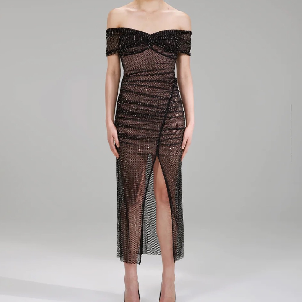 Self Portrait Diamanté Fishnet Off Shoulder Dress